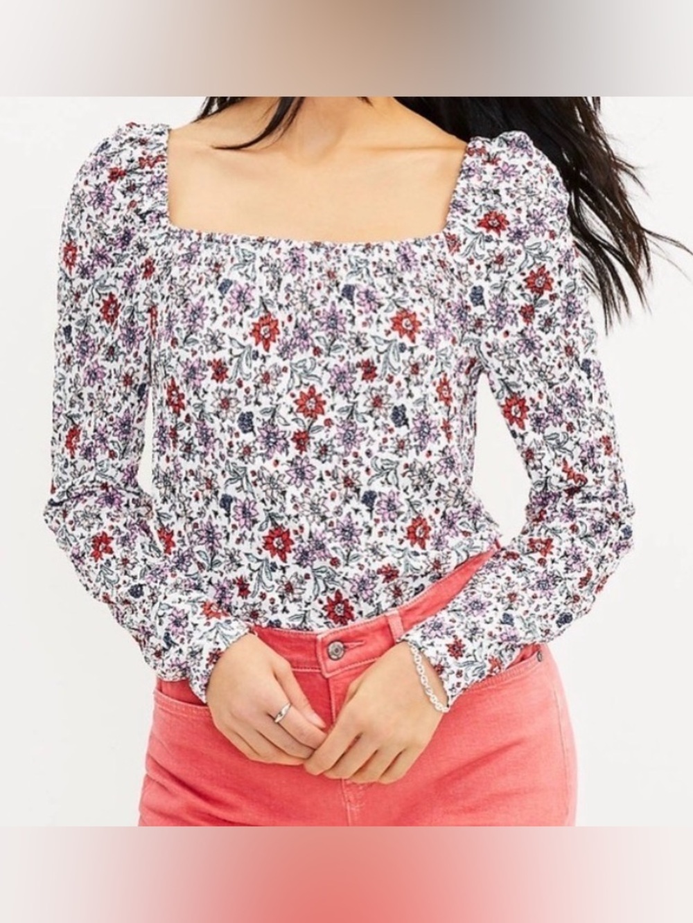 NWT LOFT White Floral Smocked Square-Neck Blouse Size Small